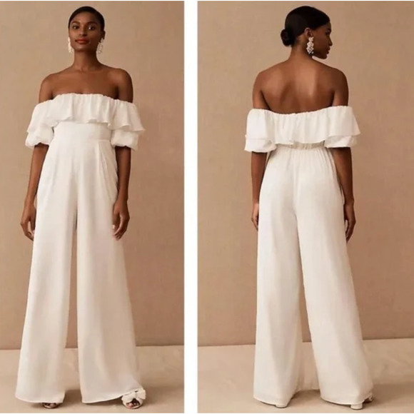 BHLDN x FAME & PARTNER Tessiah Ruffle Off Shoulder Jumpsuit White {3F49} - Picture 2 of 5